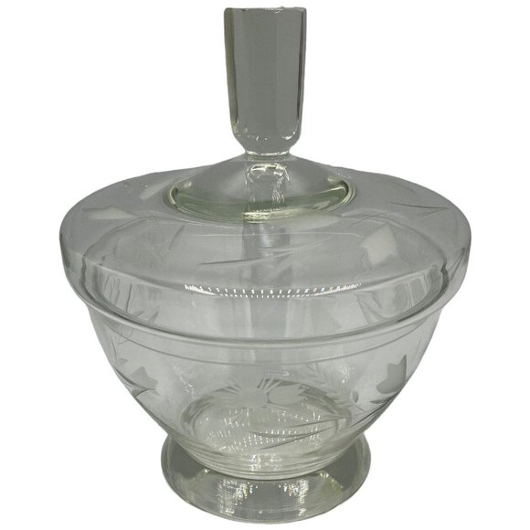 Vintage Engraved Floral Crystal Candy Dish with Lid Clear Glass READ - Picture 3 of 14